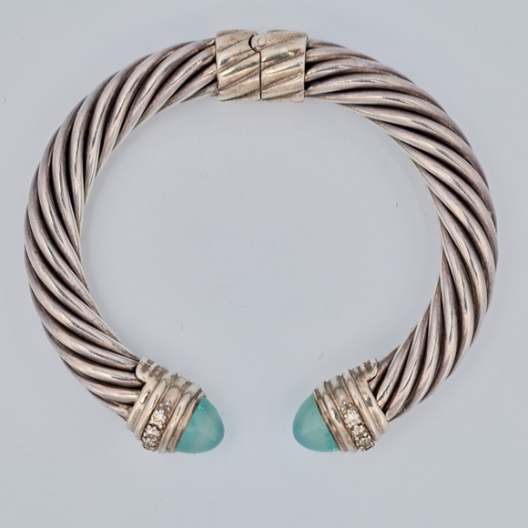 David Yurman Dyed Chalcedony & Diamond Cable Hinged Cuff Bracelet, Sterling Silv - Picture 10 of 12